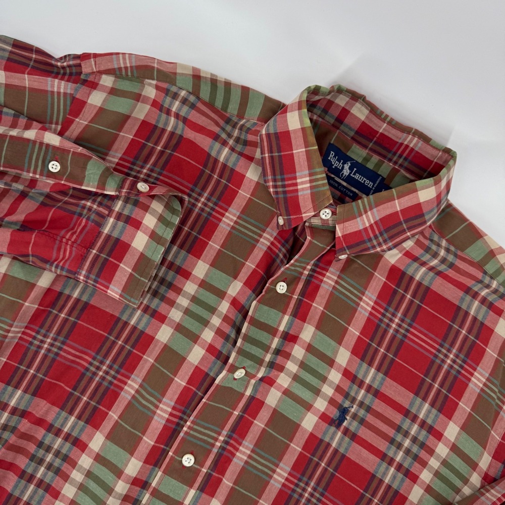 Polo Ralph Lauren Shirt‎ Mens L Red Green Plaid Button Down Long Sleeve Cotton